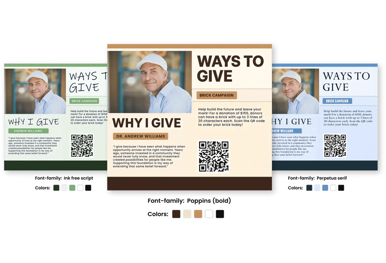 Digital donor wall styled with custom brand fonts and colors