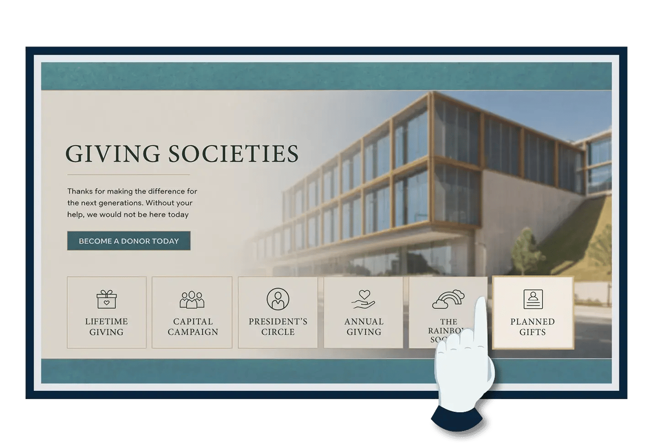 Digital donor recognition display celebrating donors from one campaign, several campaigns, or lifetime giving