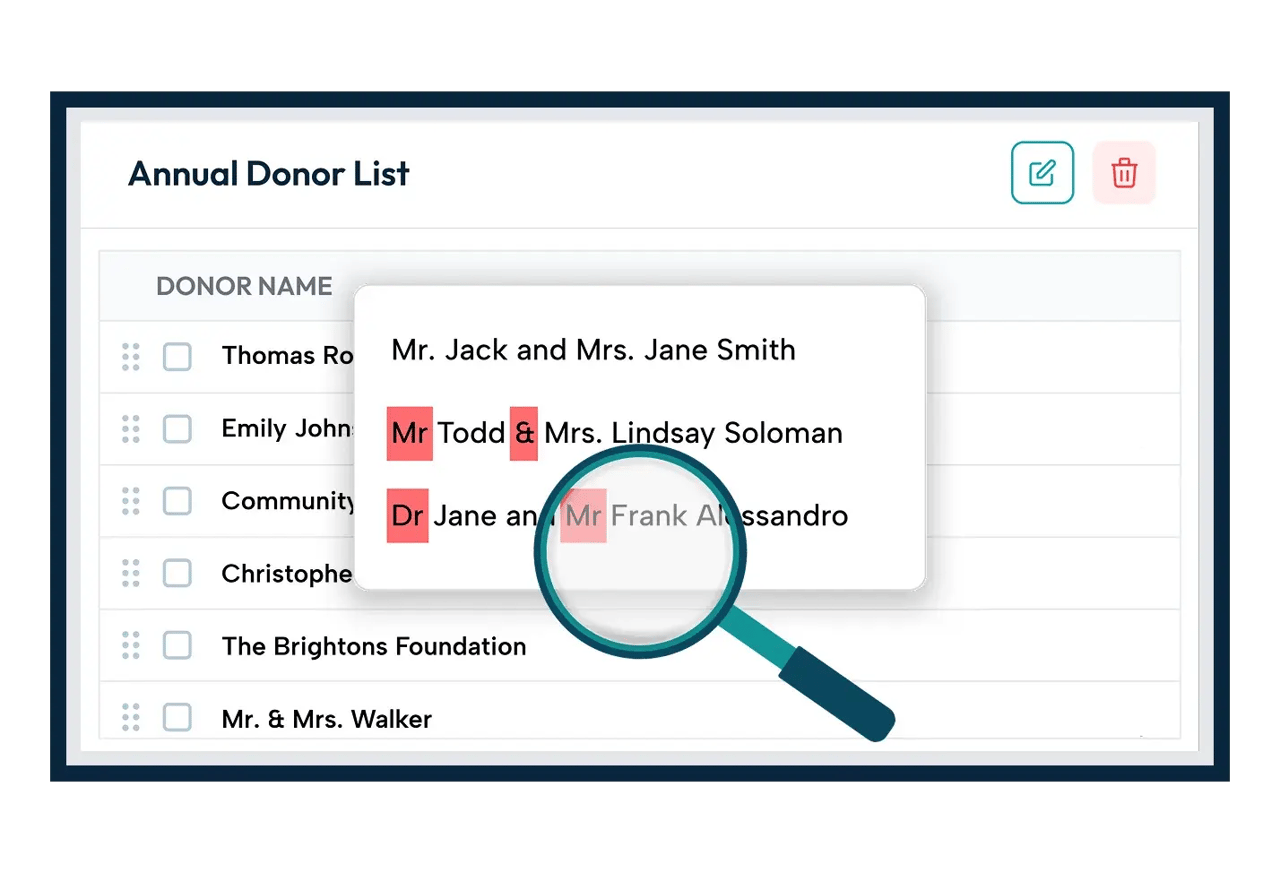 Donor wall software cleaning up donor names, such as Mr and Mrs to Mr. and Mrs., on a digital donor recognition display