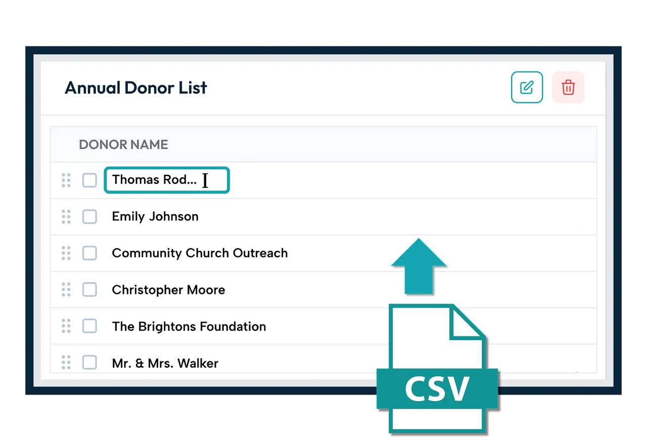 Donor wall software screen for uploading a donor list from a file or editing donor names one at a time