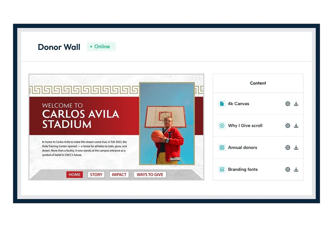 Donor wall software launchpad with shortcuts to playlists and supporter lists