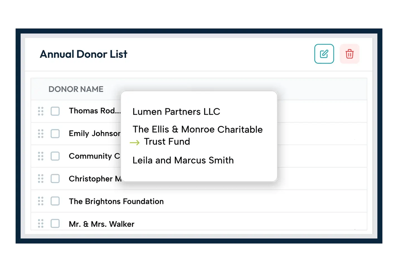 Digital donor wall donor list where long donor names wrap cleanly onto the next line