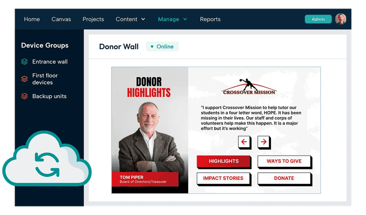 OmniAlly content manager running a live donor wall display